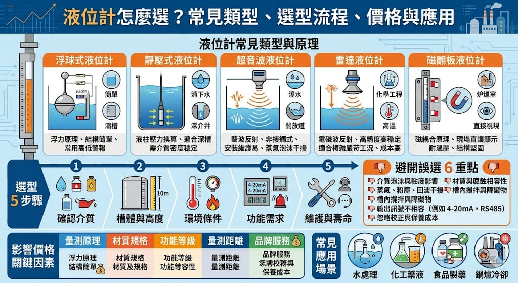 液位計是工業現場常見的量測設備，本文整理液位計常見類型、選型重點、價格影響因素與實際應用，幫助你快速了解液位計怎麼選才更符合現場需求。