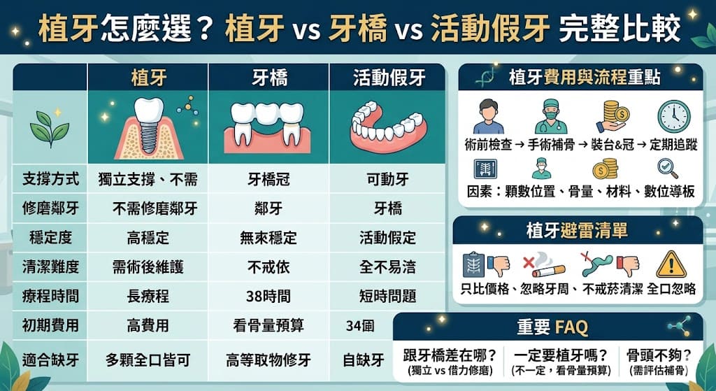 植牙不是缺牙重建的唯一方式，但在穩定度、外觀與長期使用上，植牙常是許多人優先評估的選項。本文整理植牙、牙橋與活動假牙的差異、費用、優缺點與適合族群，幫助你快速判斷哪種方案更適合自己。