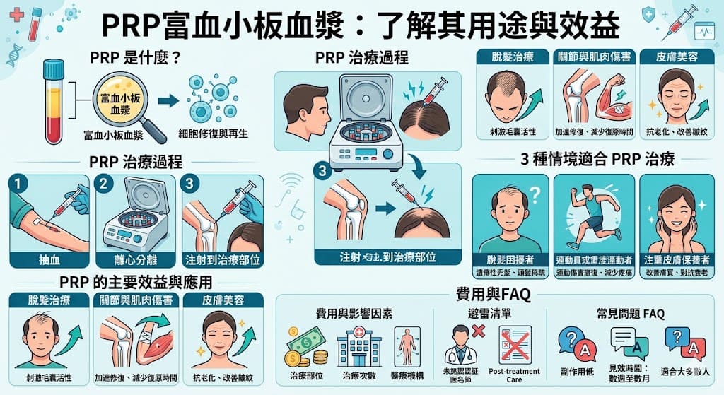 PRP（Platelet-Rich Plasma，富血小板血漿）是一種自體血液治療技術，通過提取病人的血液並分離出富含血小板的血漿，然後將其注射回受損部位，促進組織修復與再生。PRP治療已廣泛應用於脫髮、關節損傷、皮膚再生等領域。它利用血小板釋放生長因子，能夠加速受損區域的修復過程，且具有較低的副作用和高效的治療效果。了解PRP是什麼，能幫助您做出明智的治療決策。