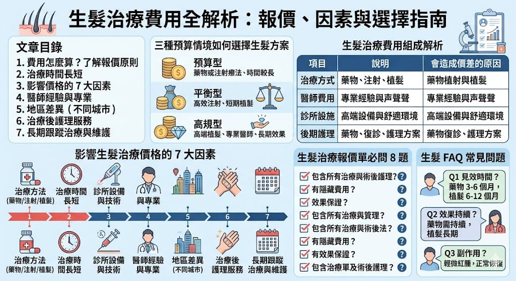 這篇文章將幫助您了解生髮治療的費用組成與報價原則，並且深入解析影響生髮治療價格的主要因素。無論您是選擇藥物治療、注射療法還是植髮手術，文章將提供清晰的報價指引，讓您在尋求生髮方案時能夠做出明智的選擇。了解生髮治療的各項費用，避免未來因為價格問題產生疑慮或誤解，確保您獲得最適合的治療方案。