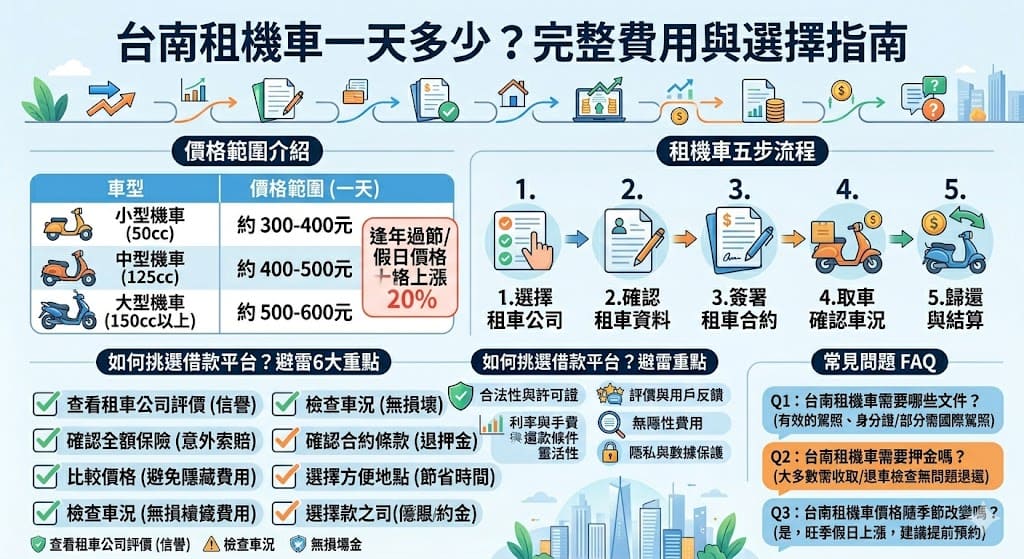 想知道台南租機車一天多少嗎？無論是短期旅遊還是出差，租機車是探索台南的便捷方式。台南租機車一天的價格通常在300元到600元之間，視車型與季節而定。這篇指南將幫助你了解如何選擇合適的租車服務、租車流程及費用範圍，確保你能輕鬆享受台南的美好景點與風光，並且避開常見的租車陷阱。