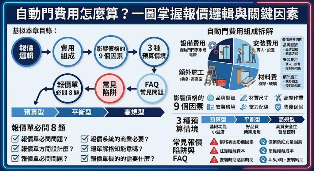 這篇文章將帶你了解 自動門 的費用結構，從設備費、安裝費到材料費，詳細分析每個報價項目的影響因素。無論是選擇適合的品牌還是如何選擇安裝方案，這些都會影響最終報價。了解 自動門 的報價拆解，幫助你在選擇時更有依據，避免因為不清楚價格結構而多花費。