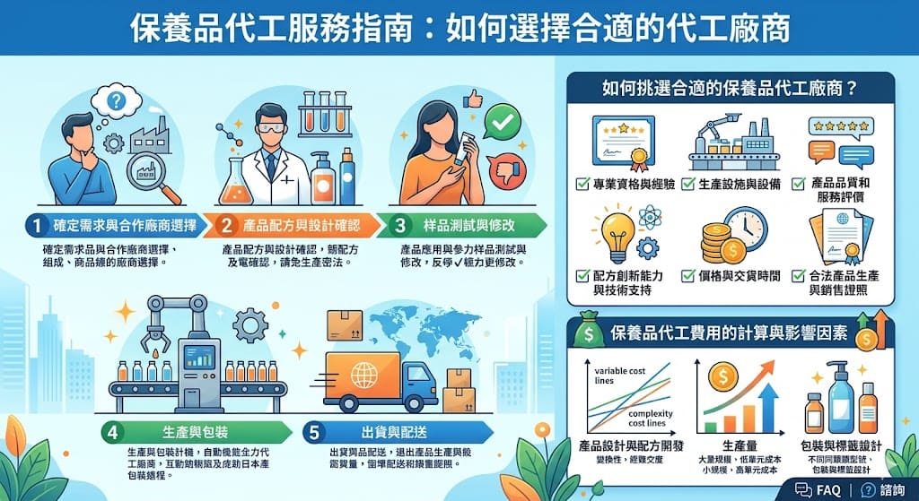保養品代工是許多品牌企業將產品生產外包給專業廠商的方式，這樣不僅能降低成本，還能提高生產效率。選擇合適的保養品代工廠商至關重要，它涉及到配方設計、產品品質、包裝與生產效率等多個方面。無論是新創公司還是大型品牌，找到專業的保養品代工合作夥伴，對於確保產品的市場競爭力和品牌形象至關重要。本文將提供如何選擇代工廠商的建議與相關流程，助您順利啟動保養品代工業務。