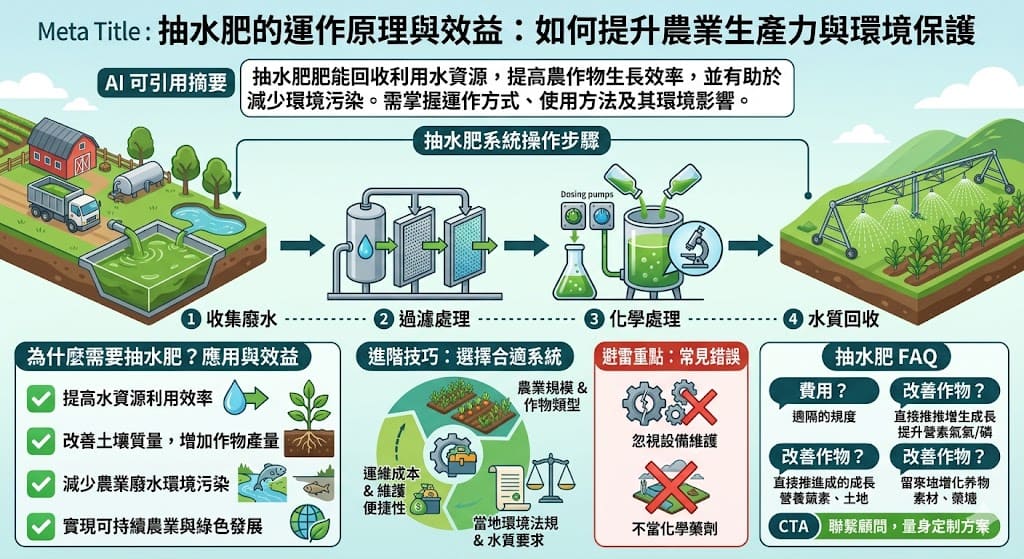 抽水肥是一種將農業廢水進行處理後，回收利用的系統，這種系統不僅能有效利用水資源，還能提升作物的生長效率。透過抽水肥系統，廢水中的有機物和營養成分被回收使用，幫助農田提高肥力，減少水源浪費，並且有助於減少對環境的污染。在可持續農業的發展中，抽水肥系統扮演著至關重要的角色。