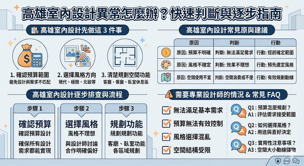 如果你正在尋找高雄室內設計的靈感或指導，這篇文章將幫助你從預算規劃到風格選擇，了解如何進行有效的設計排查。我們為你提供了清晰的步驟和常見問題的解答，讓你在高雄進行室內設計時能夠做出明智的決策。無論是空間規劃還是設計風格選擇，這篇文章將為你提供全方位的幫助，確保你的室內設計計劃順利實現。