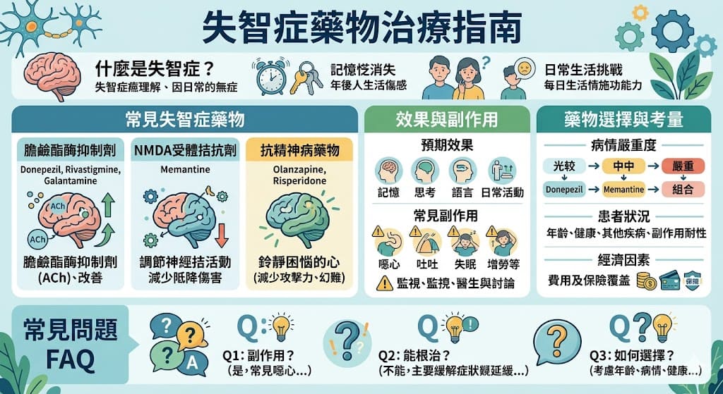 失智症藥物是目前幫助緩解失智症症狀、延緩病程的重要治療手段。常見的失智症藥物包括膽鹼酯酶抑制劑與NMDA受體拮抗劑，這些藥物對改善患者的記憶、思考與日常功能有顯著幫助。然而，這些藥物也可能帶來一定的副作用，如噁心、失眠等。在選擇適合的失智症藥物時，應根據患者的具體情況與醫師建議來決定，並考慮藥物的效果與副作用。