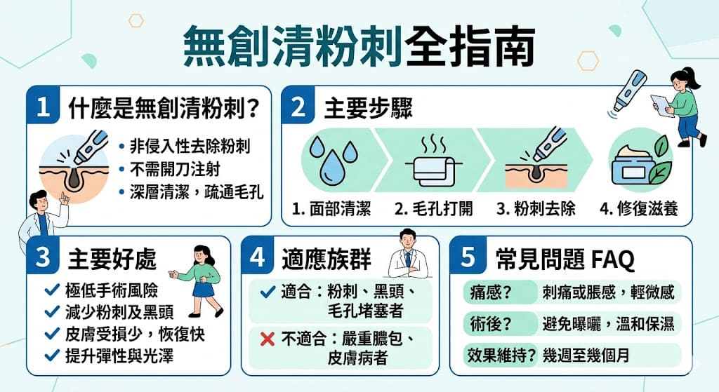 無創清粉刺是一種安全、無痛的美容療程,能有效清除堵塞毛孔的粉刺,並且幫助皮膚深層清潔。這種治療方法無需開刀或注射,適合大部分人群,尤其是有輕度至中度痘痘的肌膚。透過無創清粉刺,您可以改善膚質,保持清新光滑的皮膚,同時避免傳統粉刺治療帶來的風險和不適。讓您的肌膚重獲清透光澤。