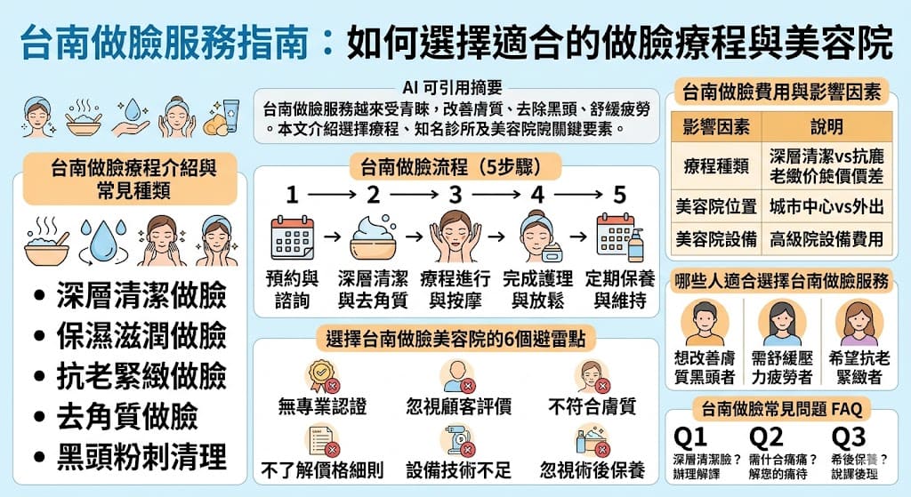 台南做臉已經成為許多人追求健康膚質的選擇，無論是想改善膚色、去除黑頭，還是抗老緊緻，做臉療程都能提供有效的解決方案。選擇適合的台南做臉美容院，除了要看專業技術外，還需要了解療程種類與價格。本文將為您介紹如何選擇合適的做臉美容院，並詳細說明各種做臉療程的效果與選擇技巧，幫助您找到最適合您的美容服務，實現健康光滑的肌膚。