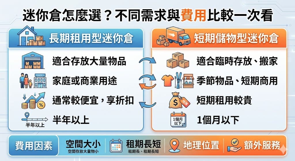 迷你倉是一種便捷的儲物空間，適合需要短期或長期儲物的家庭、商業用途及搬家人士。選擇適合的迷你倉方案不僅能解決空間不足的問題，還能節省不必要的費用。長期租用迷你倉通常具有較高的成本效益，而短期儲物則適合臨時儲存季節性物品。本文詳細比較了不同迷你倉方案的選擇，幫助您根據需求找到最合適的迷你倉服務，並了解費用計算與實際選擇的建議。