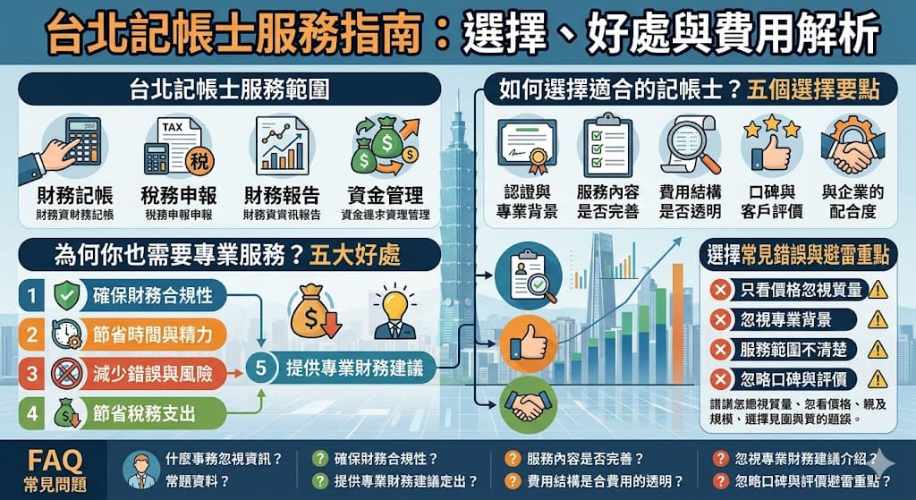 台北記帳士提供專業的記帳與財務管理服務，協助企業及個人處理帳目、報稅與財務規劃。無論是創業者還是中小型企業，選擇一位專業的台北記帳士能夠有效提高財務透明度，並降低稅務風險。本文將介紹如何選擇適合的台北記帳士、他們提供的服務範圍、以及服務費用結構，幫助你在選擇記帳士時做出明智決策，確保企業的財務運營合規且高效。