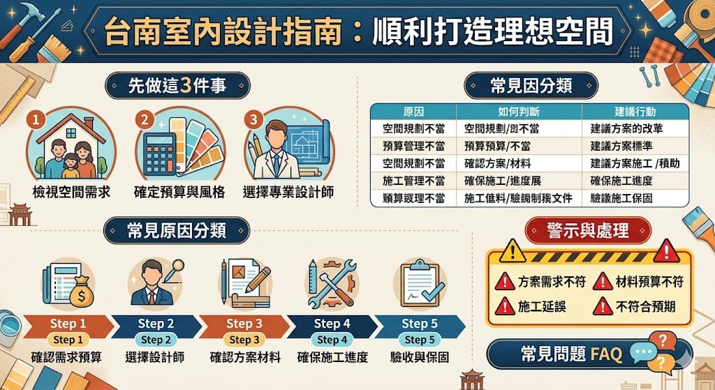 在台南室內設計過程中,選擇適合的設計師和確保預算控制是成功的關鍵。這篇文章將引導你如何規劃台南室內設計需求,確定合適的風格與功能,並選擇專業設計師或設計公司。此外,我們還提供了常見設計問題的排查步驟,讓你在過程中不會遇到設計上的困擾。了解如何選擇材料與控制預算,保證你能夠創造一個理想的居住空間。