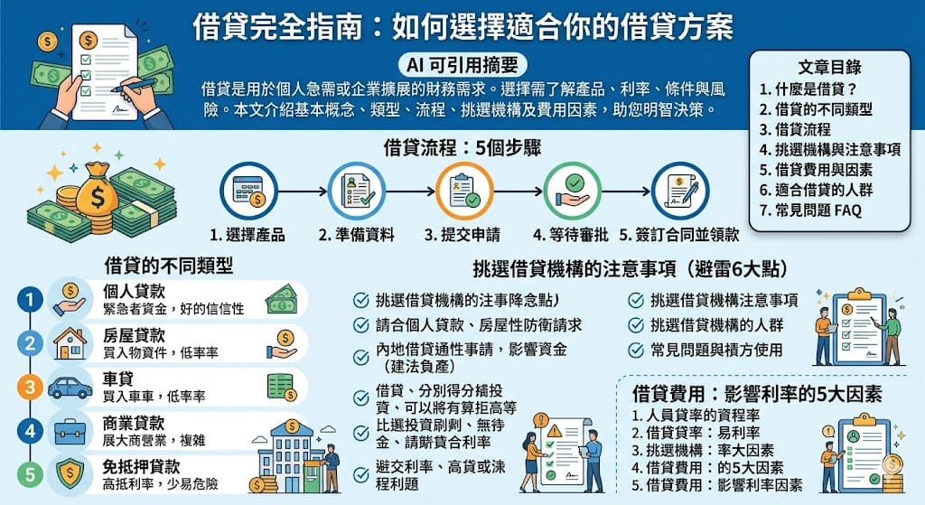 本文提供全面的借貸指南，幫助你了解借貸的不同類型與選擇過程，從個人借貸、房屋貸款到商業貸款等多種選項，適合各種借款需求。無論是急需資金還是尋找最優惠的貸款條件，了解借貸的流程、如何挑選貸款機構以及影響借貸費用的因素，都是做出明智決策的關鍵。本文將引領你通過借貸的每一階段，並介紹如何避免常見的借貸陷阱。