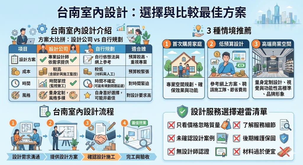 這篇文章深入探討了如何選擇適合的台南室內設計方案，從設計公司與自行規劃的比較，到根據不同需求的情境推薦，提供了詳細的選擇指南。台南室內設計市場的多樣化服務讓每個人都能找到最合適的設計方案，無論是預算控、首次購房者還是商業空間需求者，都能依照專業建議進行選擇。文章還詳細分析了設計費用、影響因素與常見問題，幫助讀者作出明智決策。