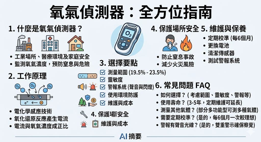 氧氣偵測器是一種用於監測空氣中氧氣濃度的裝置，廣泛應用於工業、醫療及家庭安全等領域。本文將介紹氧氣偵測器的工作原理、如何選擇適合的氧氣偵測器、以及在不同工作環境中的應用。了解氧氣偵測器的運作方式和選購要點，能幫助使用者更好地保障安全，防範低氧或氧氣過高所帶來的風險。
