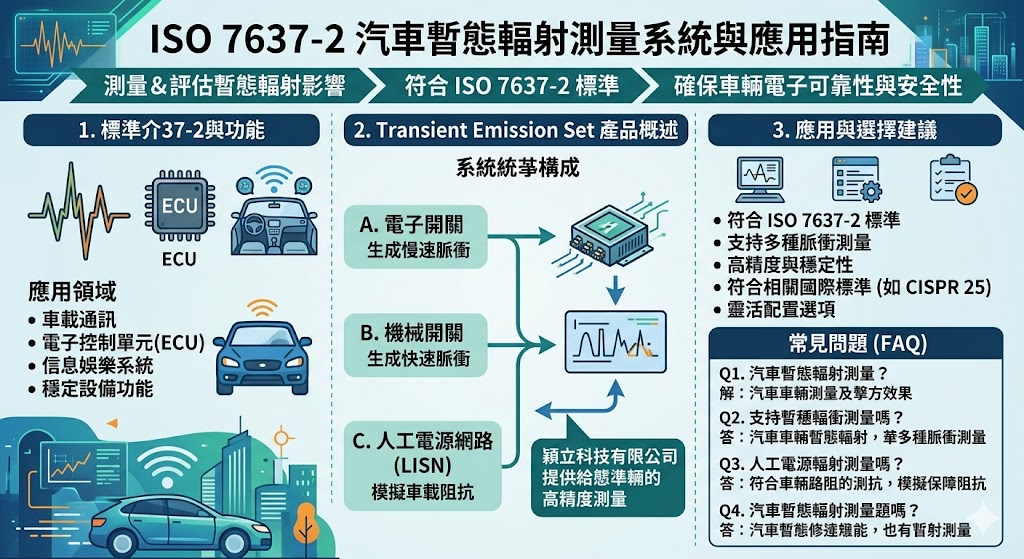 本文介紹了 ISO 7637-2 標準，該標準專門測量汽車電子設備在面對暫態輻射脈衝時的抗干擾能力。文中深入解析了 Transient Emission Set 產品，這是一款符合 ISO 7637-2 標準的測量系統，專為測試車載電子裝置設計。透過這套系統，能夠有效測量車輛電子設備在不同電壓脈衝下的表現，確保其在實際環境中的穩定性與可靠性。