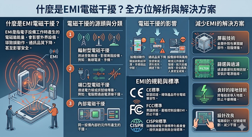 EMI（Electromagnetic Interference，電磁干擾）是電子設備在運作時所產生的非預期電磁能量，可能對其他設備造成誤動作或通訊品質下降。隨著電子設備的普及，EMI電磁干擾問題越來越受到關注。本文深入探討了EMI的來源、影響以及各種解決方案，從屏蔽技術到過濾技術，旨在幫助讀者了解如何有效減少電磁干擾的影響，提升設備的穩定性和安全性。