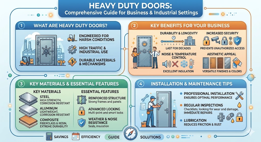 Heavy duty doors are designed to provide optimal protection and durability for businesses facing extreme conditions. These doors are ideal for high-traffic areas, warehouses, and industrial settings, offering superior security, noise reduction, and temperature control. Made from materials like steel, aluminum, and composite materials, heavy duty doors ensure long-lasting performance. Whether for safety, energy efficiency, or aesthetics, investing in heavy duty doors can significantly enhance your business's functionality and security.