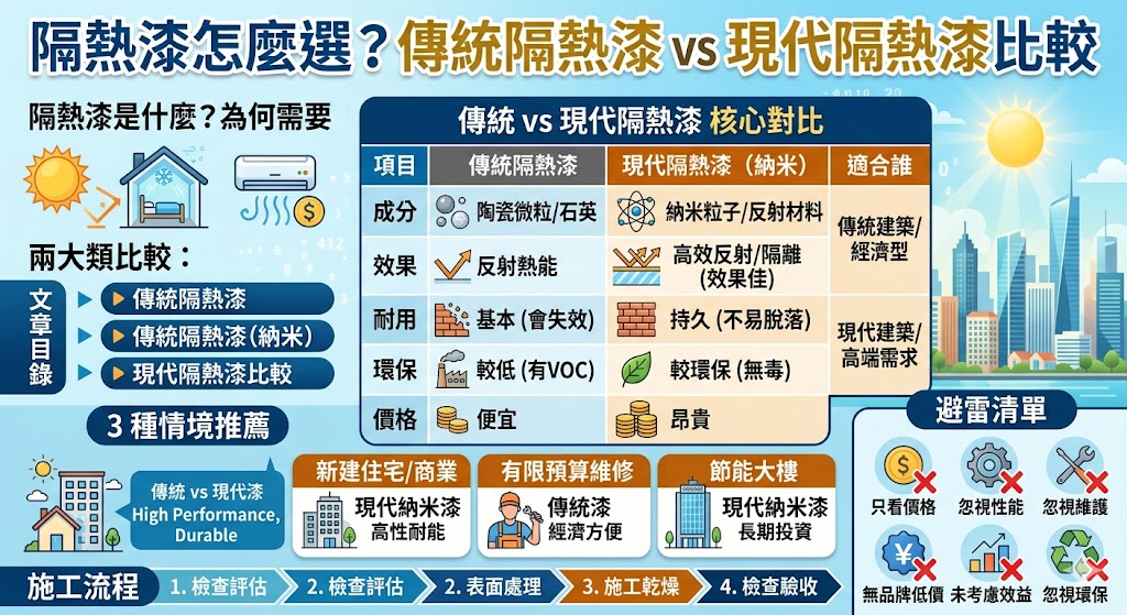 本文深入比較了傳統隔熱漆與現代納米隔熱漆的不同之處，幫助讀者選擇最適合的隔熱漆產品。傳統隔熱漆主要以陶瓷微粒為基底，價格相對較低，但效果隨時間會減弱；而現代納米隔熱漆則使用高效的納米技術，提供更持久的隔熱效果，並具備更高的環保性。無論是對於新建住宅還是現有建築的改造，選擇合適的隔熱漆可以有效提升能效，節省能源費用。