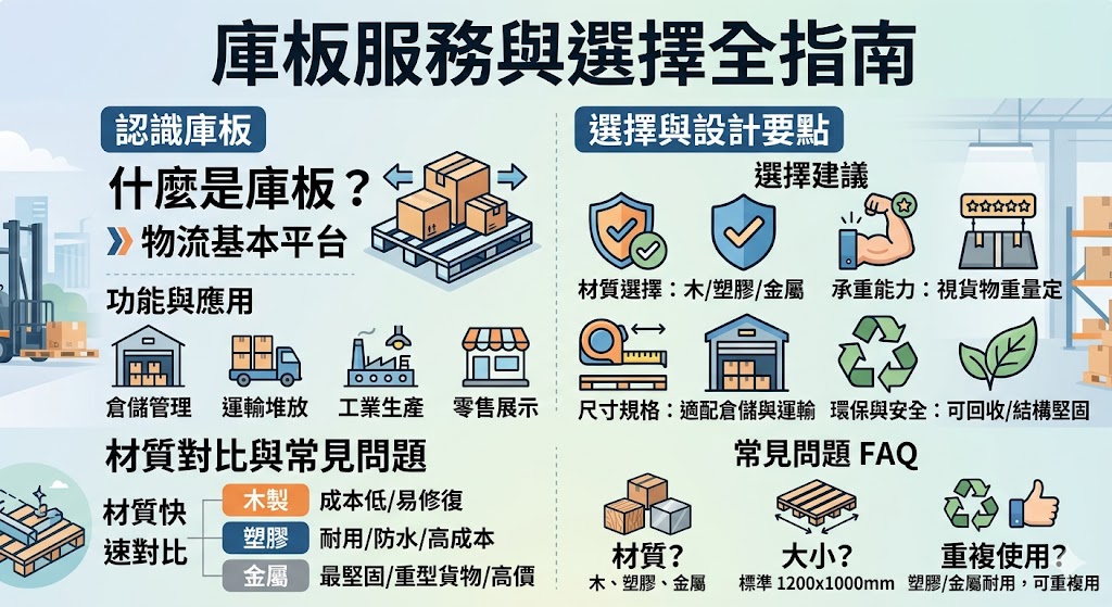 本文深入介紹了庫板的功能、設計與應用，並針對不同材質的庫板進行詳細比較。無論是在倉儲、物流還是建築工地，庫板都是必不可少的工具。了解如何選擇適合的庫板，不僅能提升運輸效率，也有助於節省成本。文章中涵蓋了木材、塑膠與金屬材質庫板的優缺點，以及如何根據實際需求選擇最適合的庫板。此外，還分析了庫板的價格因素，幫助你做出更明智的採購決策。