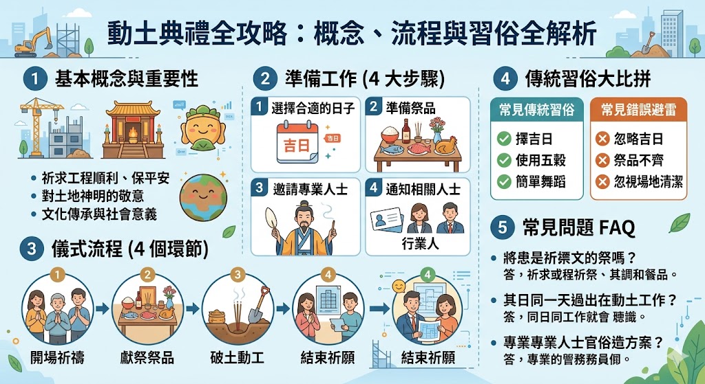 動土典禮是中國傳統建設儀式之一，象徵著對土地神明的尊敬和祈求順利。在動土典禮中，業主會邀請宗教人士主持，進行祭品獻奉和開工儀式。這個儀式不僅是文化的一部分，也是建設工程順利進行的開端。了解動土典禮的準備工作、儀式流程和傳統習俗，能幫助您確保儀式的順利進行，為即將開工的項目帶來好運與保護。