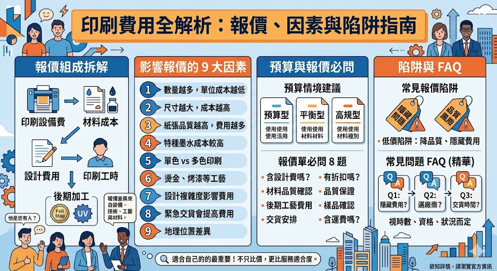 本篇文章深入探討印刷費用的計算方式，分析印刷報價單的組成與影響價格的多種因素。無論是印刷數量、材料選擇，還是特殊工藝需求，都會對最終的印刷價格產生影響。本文幫助消費者理解如何準確評估印刷報價，避免隱藏費用，並提供不同預算情境下的選擇建議。了解更多關於印刷報價的關鍵因素，讓您能做出最合適的選擇。