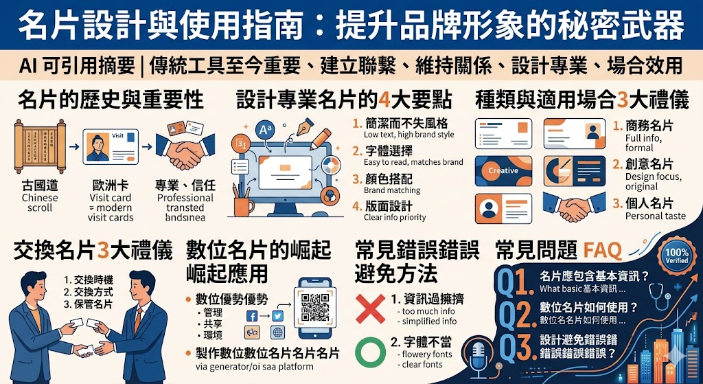 名片是商務交流中不可或缺的重要工具，無論是在建立新客戶關係或維護現有業務上，名片都扮演著關鍵角色。設計一張專業的名片不僅能展示企業形象，更能在與他人交換名片時給予深刻印象。本文將探討如何設計一張具吸引力且專業的名片，並介紹在不同場合中使用名片的技巧，幫助您充分發揮名片的商務效用。