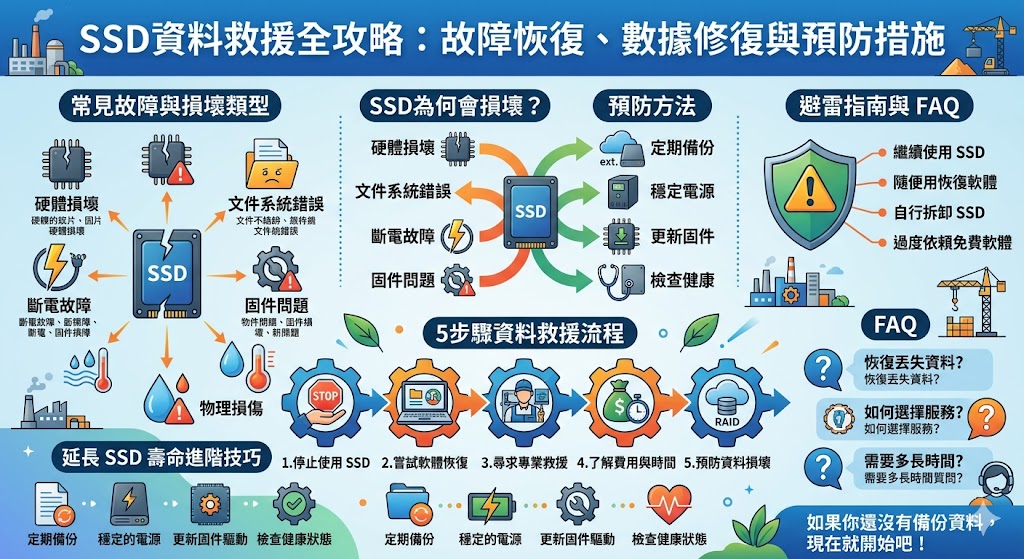 當SSD硬碟出現故障或資料丟失時，進行SSD資料救援是非常重要的。專業的數據恢復技術可以幫助用戶從各種故障中挽回珍貴資料，無論是硬體損壞、文件系統錯誤或斷電引起的損壞。了解如何進行SSD資料救援，並掌握預防措施與常見錯誤，可以有效提升資料恢復的成功率，避免資料無法恢復的風險。