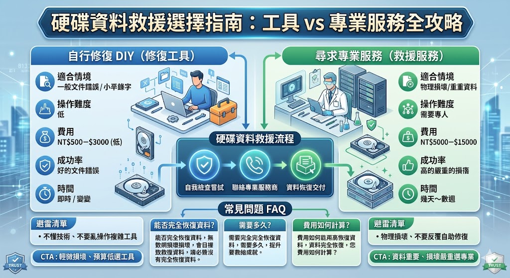 當硬碟發生故障或資料丟失時，選擇適合的硬碟資料救援方式至關重要。你可以選擇自行使用修復工具來嘗試救回資料，適合處理輕微錯誤或格式化問題；而若硬碟遭遇物理損壞或資料對你至關重要，專業救援服務則是最佳選擇。根據資料的價值和硬碟的損壞程度，選擇合適的硬碟資料救援方案能有效提高資料恢復的成功率，避免進一步損壞。