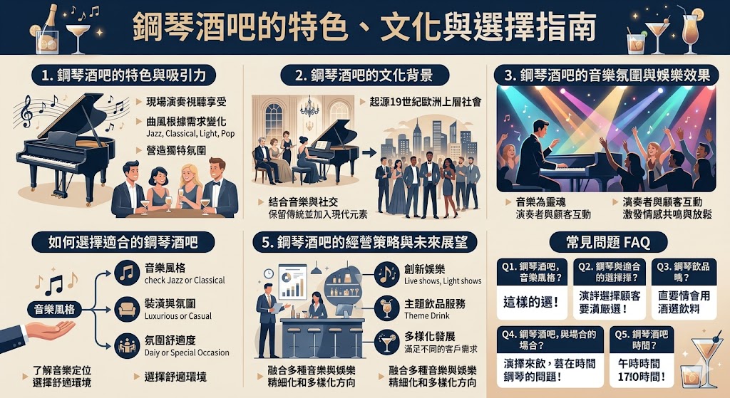 鋼琴酒吧融合了精緻的音樂演奏與高端的飲品,成為了現代人社交和放鬆的理想場所。在這些獨特的空間中,現場鋼琴演奏不僅帶來美妙的聽覺享受,還營造出一個適合聚會、約會及慶祝特殊時刻的氛圍。無論你是喜歡爵士、古典還是流行音樂,鋼琴酒吧都能滿足你對音樂的需求,並提供一個高雅而放鬆的社交場所。