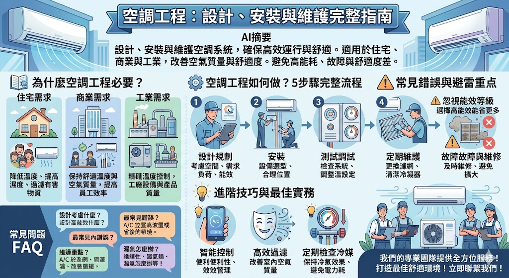 空調工程是指針對空調系統進行的設計、安裝、維護及故障排除的專業服務。無論是在住宅、商業大樓或工業設施中，空調工程都扮演著提供舒適環境與提升能源效率的重要角色。透過精心設計與安裝，空調系統能確保有效運行並降低長期運行成本。了解空調工程的基本流程、選擇適合的設備以及定期維護對於延長系統壽命與節能至關重要。