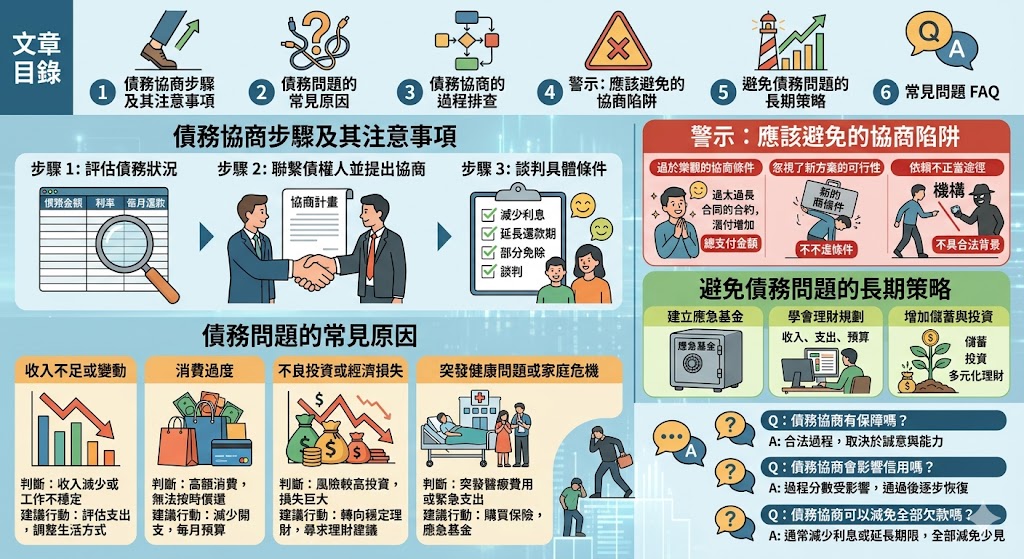 債務協商是一個能幫助過度負債的個人或家庭減輕經濟壓力的有效途徑。透過與債權人的協商，可以達成降低利率、延長還款期或部分免除債務的協議。了解債務協商的過程與注意事項，有助於避免誤入陷阱，並確保能夠找到最合適的還款方案，改善財務狀況。在進行債務協商之前，評估自身的債務問題並尋求專業建議，是成功協商的關鍵。