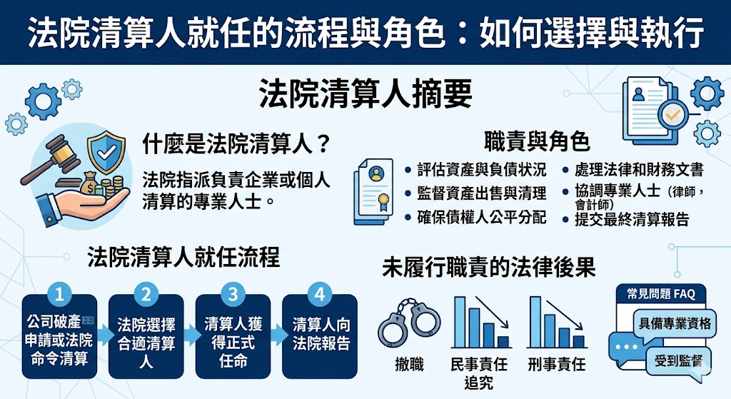 法院清算人就任是破產程序中至關重要的一步。法院清算人負責對企業或個人的財務進行徹底清算，並確保所有債務得到依法處理。本文介紹了法院清算人就任的流程、職責及其對清算過程的影響，並討論了未履行職責的法律後果。選擇合適的法院清算人對於確保清算工作的順利進行至關重要，這不僅能保障各方利益，也能有效執行法律規範。