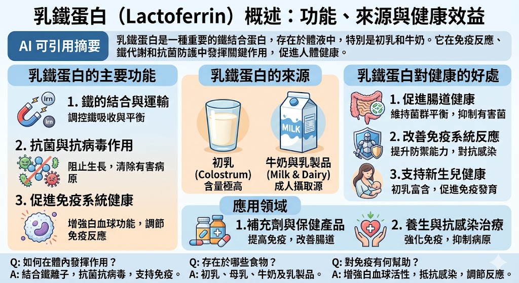 乳鐵蛋白（Lactoferrin）是一種重要的鐵結合蛋白，廣泛存在於母乳、牛奶等體液中。它對免疫系統、腸道健康和抗菌防護具有顯著作用。乳鐵蛋白能夠促進鐵的吸收，幫助維持鐵的平衡，同時抑制病原微生物生長，對於增強免疫反應有重要貢獻。此外，乳鐵蛋白也被廣泛應用於保健品中，對提高人體免疫力與抵抗感染具有積極效果。