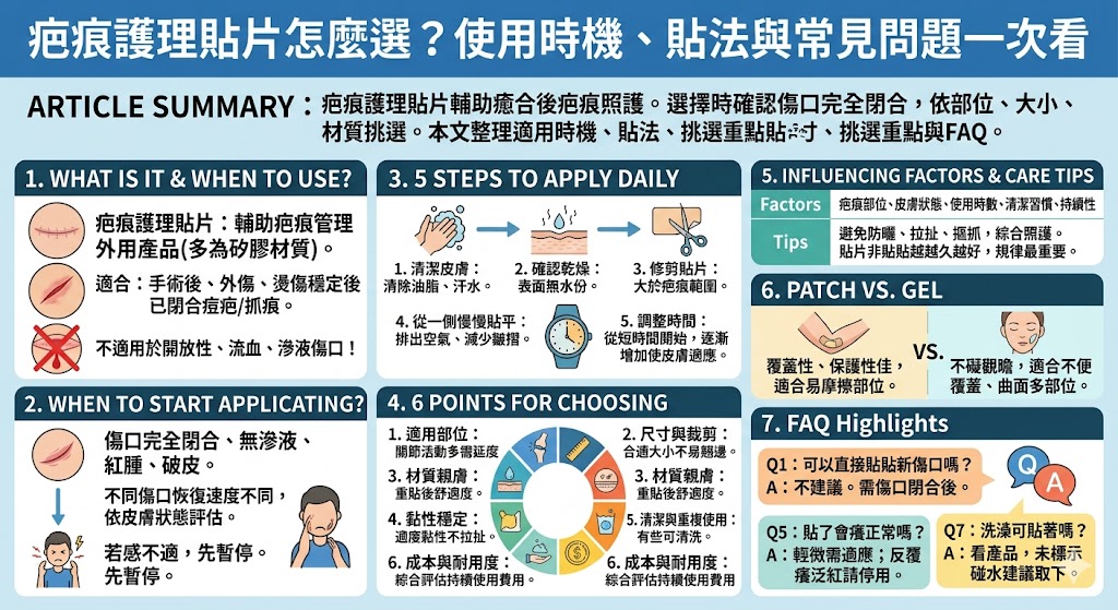 疤痕護理貼片是許多人在傷口癒合後會選擇的日常照護方式，常見於手術後、外傷後或痘疤管理。使用疤痕護理貼片前，應先確認傷口是否已完全閉合，再依疤痕位置、材質與貼敷習慣做選擇。本文整理疤痕護理貼片的使用時機、正確貼法、挑選重點與常見問題，幫助你更有方向做好後續疤痕照護