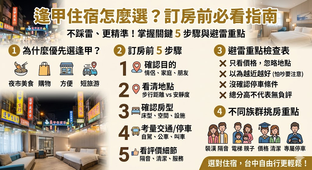 想找逢甲住宿卻不知道該從哪裡開始挑嗎？這篇文章整理逢甲住宿常見房型、地點差異、步行到夜市的便利性、停車條件、隔音重點與訂房避雷方向，幫助第一次安排台中行程的人更快掌握挑選重點。無論你是情侶出遊、朋友旅行還是家庭入住，都能更有效率找到適合自己的逢甲住宿。