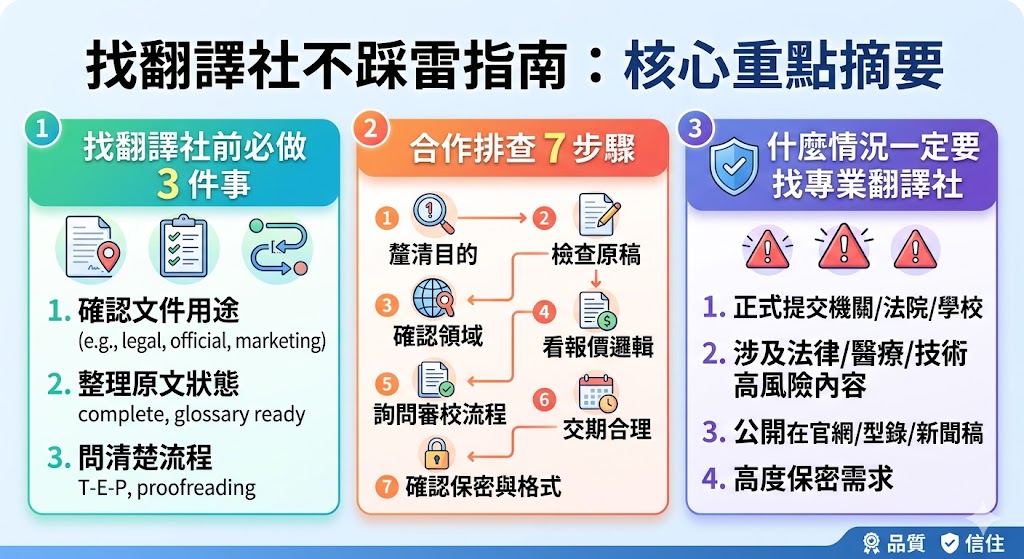 選擇專業翻譯社是確保跨國溝通精準的關鍵，無論是商業合約、技術文件、法律規章還是行銷文案，專業的翻譯團隊不僅能提供字面上的語言轉換，更能深度理解文化語境與產業術語。一流的翻譯社通常具備嚴謹的校對流程與資深的母語譯者資源，能夠在保留原文核心精神的同時，針對目標市場進行在地化調整。透過高效的專案管理與數位工具輔助，翻譯社能大幅提升文件的處理速度，幫助企業在瞬息萬變的全球市場中消除溝通障礙，建立專業且值得信賴的品牌形象，讓您的訊息在全球各地都能精準傳遞並產生共鳴，是拓展國際商機不可或缺的策略夥伴。
