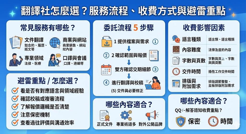 想找專業翻譯社，卻不知道該怎麼挑選嗎？這篇文章整理翻譯社常見服務、委託流程、收費方式與避雷重點，幫助你快速了解不同翻譯社的差異。無論是文件翻譯、合約翻譯還是網站內容，多數人在找翻譯社時最在意的問題，這篇都會一次說清楚。