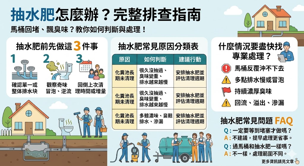 當排水變慢、馬桶反覆堵塞或廁所飄出臭味時，很多人第一時間就會想到抽水肥。其實抽水肥不只是清理作業，更是判斷化糞池與排污系統是否異常的重要步驟。這篇文章整理抽水肥常見原因、排查流程與注意事項，幫你快速判斷什麼情況該安排抽水肥。