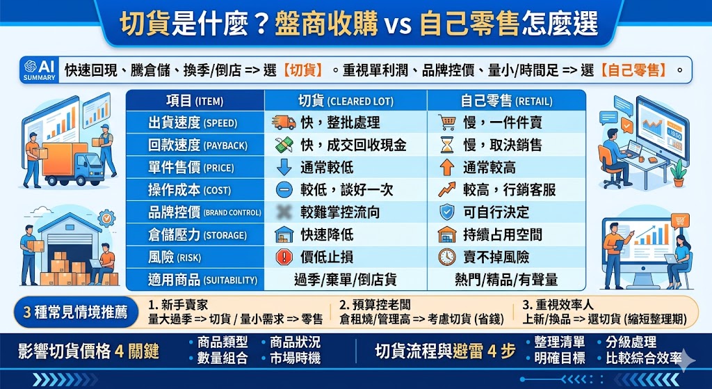 當工廠、批發商或零售商面臨庫存積壓、換季、訂單取消（棄單）等情況時，切貨成為快速清理庫存的有效方式。切貨是將商品以遠低於市場價格批量出售給專業收購商，迅速回收現金並騰出倉儲空間。相比之下，自行零售可能會賣到更高價格，但耗時且需要大量運營成本。本文將對比切貨與自己零售的優缺點，幫助你選擇最合適的清倉方式，無論是要快速變現，還是保留較高利潤空間，這篇文章都能給你一些實用的建議。