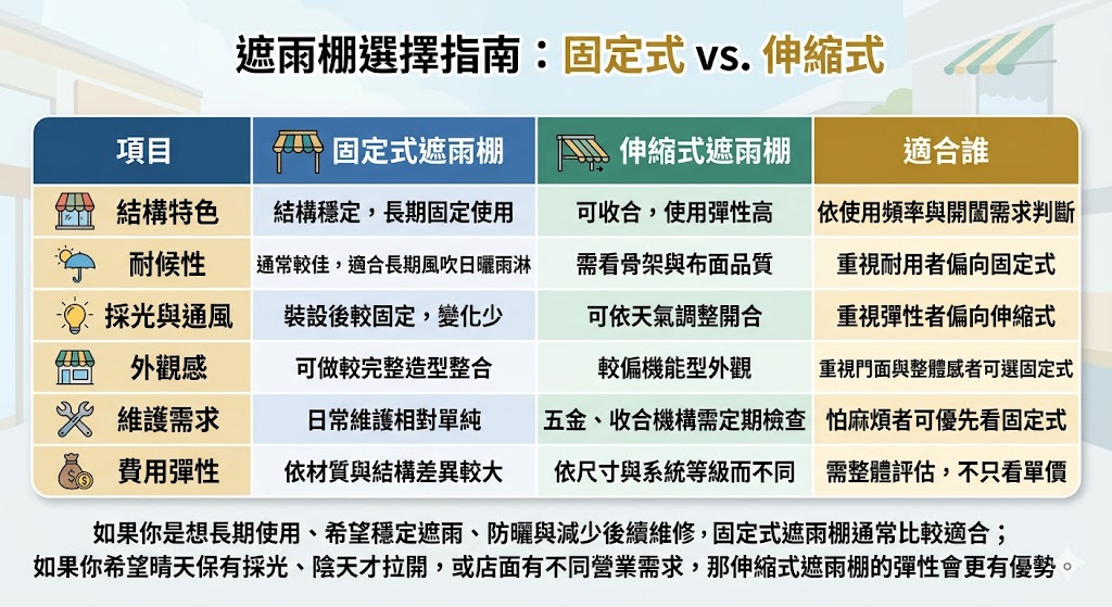 想裝遮雨棚卻不知道該選固定式還是伸縮式？這篇整理遮雨棚常見類型、材質差異、費用影響因素與安裝前注意事項，幫你快速了解不同空間適合的做法。不論是住家玄關、陽台、車庫還是店面，都能依預算與需求找到合適的遮雨棚選擇