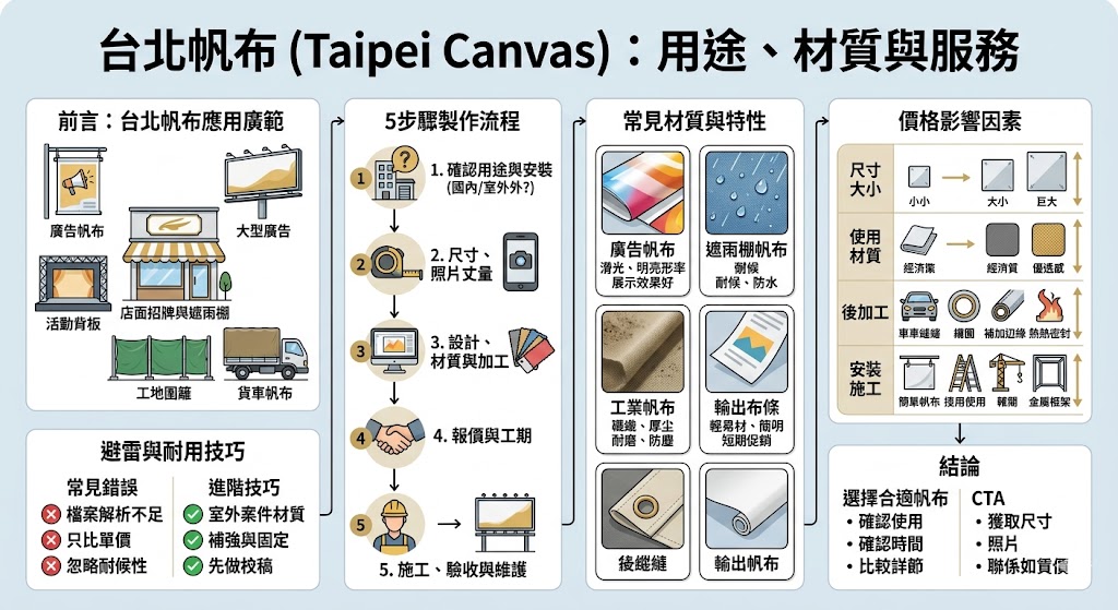 想了解如何挑選台北帆布嗎？本篇文章詳細介紹了台北帆布的多種應用，從招牌帆布到遮雨棚、活動背板等，並深入探討不同材質與價格的選擇。無論是店面經營還是工程使用，台北帆布能提供耐用且具展示效果的解決方案。文章還涵蓋了台北帆布的製作流程、報價方式及常見的錯誤與避雷技巧，幫助你做出最佳選擇，避免不必要的成本與麻煩。