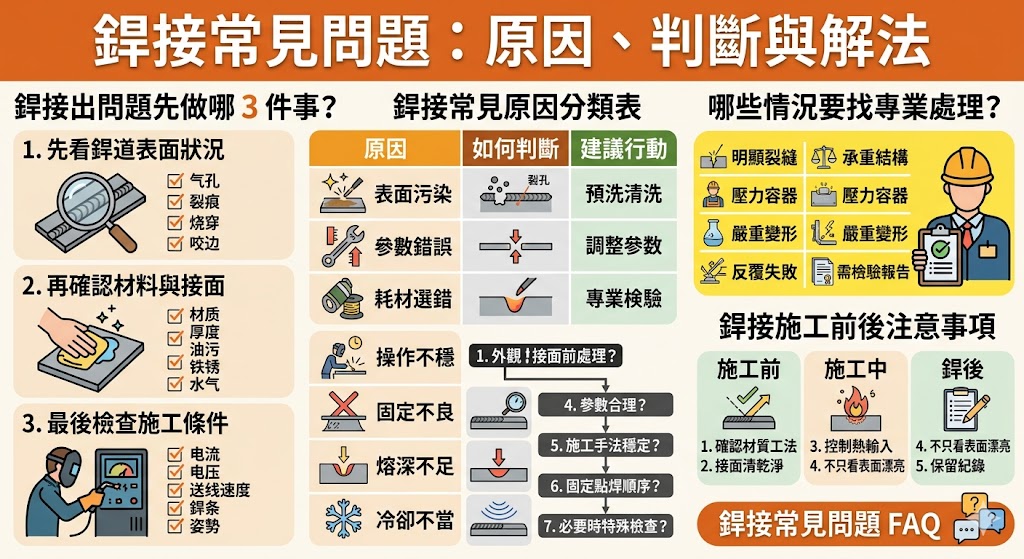 銲接技術是一項將兩種金屬結合的關鍵工藝，歷史悠久且應用廣泛。隨著科技進步，銲接技術也不斷改進，從手動焊接到現代自動化焊接，各行業對其依賴程度越來越高。本文將深入探討銲接過程中的常見問題，從焊接裂縫、燒穿、氣孔等瑕疵到造成這些問題的原因，並提供詳細的排查步驟與解決方案。了解銲接技術的關鍵維修方法，讓你的銲接工作更安全、穩定且高效。