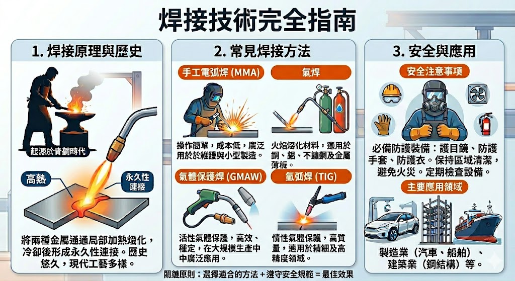 焊接技術是一種將金屬連接的關鍵工藝，廣泛應用於製造業、汽車、建築等領域。焊接的發展歷史悠久，現代技術不斷進步，涵蓋了從手工焊接到自動化焊接的方法。本文深入介紹焊接的原理、常見焊接方法、操作技巧及安全注意事項，幫助讀者理解焊接技術的重要性，並提供選擇焊接方式的實用建議。