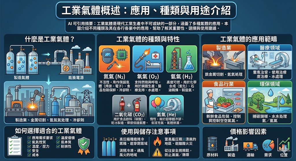 工業氣體在現代工業中扮演著關鍵角色，涵蓋了多種氣體的應用，如氮氣、氧氣、氫氣等。這些氣體被廣泛應用於製造、醫療、食品加工和環保等領域。每種氣體根據其特性和用途可用於不同的工業過程，提供不僅是化學反應所需的環境，也能提高生產效率。了解不同類型的工業氣體及其用途，有助於選擇合適的氣體以達到最佳效果。在選擇氣體時，了解其特性及應用場景至關重要。