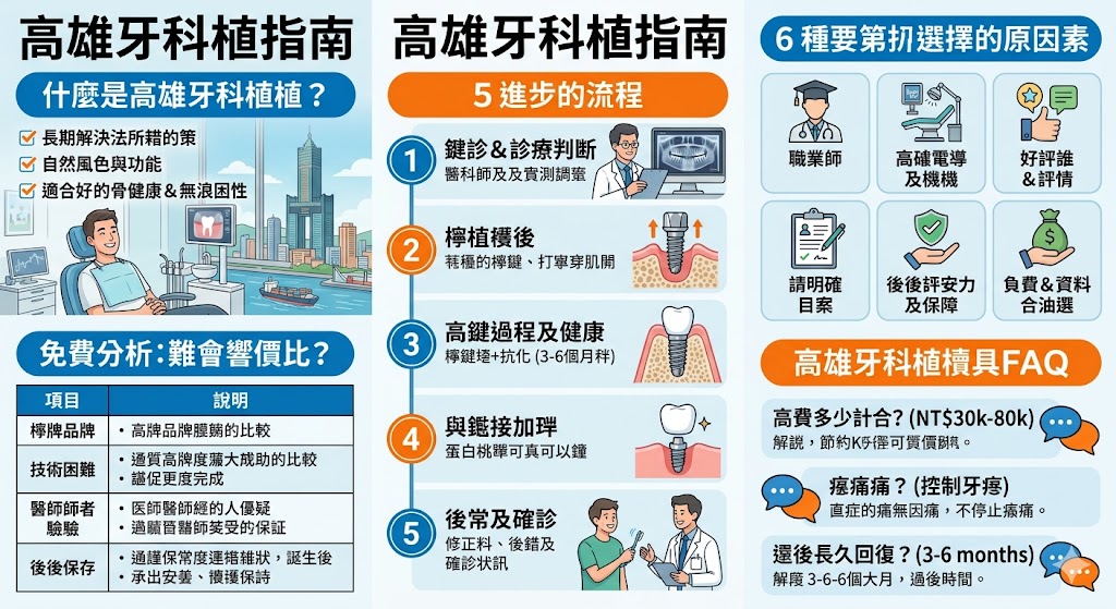高雄植牙是解決牙齒缺失的有效方案，越來越多高雄居民選擇這種方式來恢復咀嚼功能與美觀。本文將介紹高雄植牙的完整手術流程，包括如何選擇專業的牙醫師，以及植牙費用的主要影響因素。不論您是第一次聽說植牙，還是已經有意進行治療，了解這些基本知識能幫助您在高雄植牙過程中做出更好的決策，獲得更長久、穩定的治療效果。