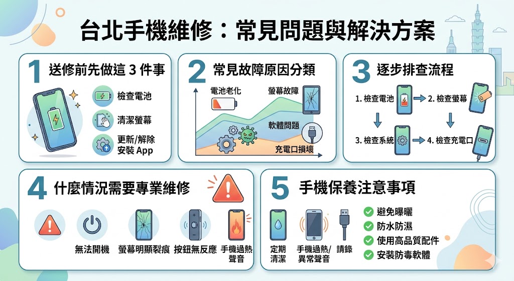 如果你的手機在台北出現故障，可能需要專業的手機維修服務。這篇文章詳細介紹了台北手機維修的常見原因、排查步驟和維修流程，幫助你快速判斷手機問題，並提供實用的自檢方法。從螢幕觸控不靈敏、電池耗電過快到充電問題，這些常見問題的解決方法都能幫助你在送修前做出有效判斷。了解如何避免常見故障，並獲得專業的維修建議，讓你的手機恢復如新。