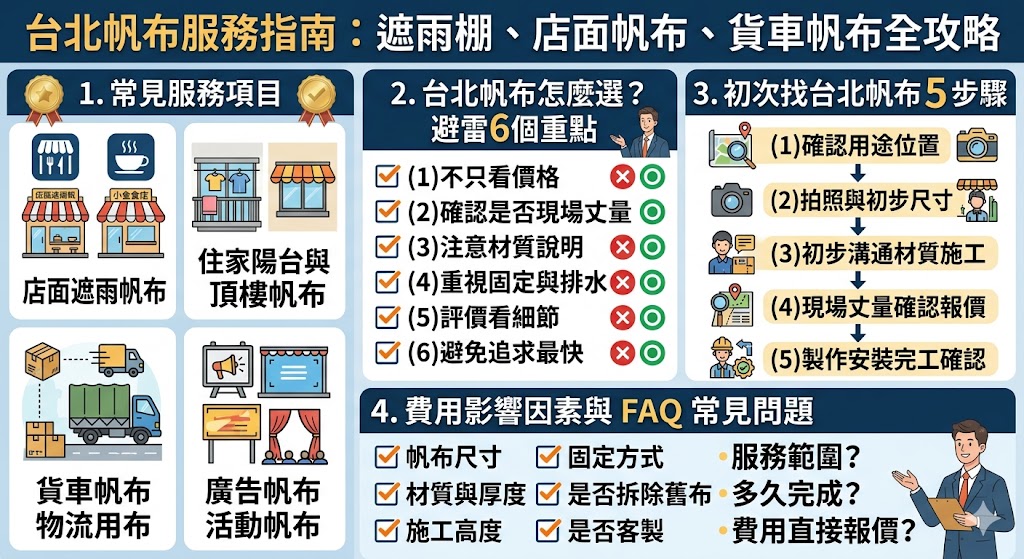 台北多雨潮濕的氣候環境，使得遮雨棚、店面帆布與貨車帆布成為商業營運的必備裝備。在挑選台北帆布服務時，首要重點在於材質的防滲透等級與抗紫外線係數，特別是針對店面設計，需考量布料的色彩持久度與品牌識別度。對於時常在城市穿梭的貨車而言，高品質的防水帆布需具備高強度的耐磨性與抗風壓能力，確保貨物在極端天氣下依然乾爽安全。專業的台北廠商應提供現場精準測量與骨架強度評估，並在安裝流程中嚴格把關排水坡度與張力固定，避免積水導致結構損壞。建議選擇擁有實體店面、作品案例豐富且售後保固透明的業者，透過專業的施工與合適的機能布料挑選，不僅能延長遮蔽設施的使用壽命，更能美化店面外觀並提升物流防護效率，一次解決遮陽避雨的所有需求。