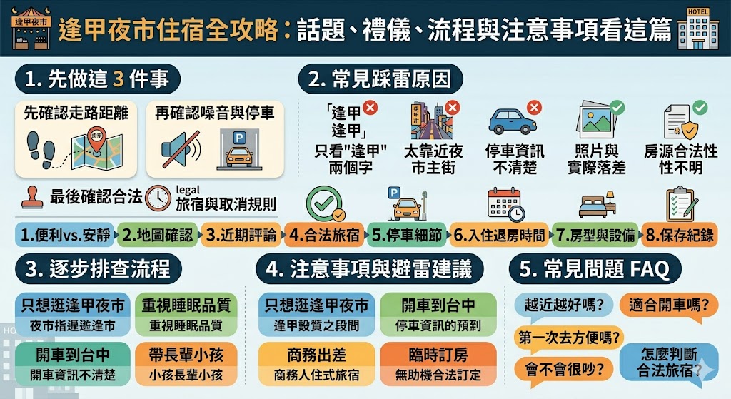 挑選逢甲夜市住宿時，地理位置與停車便利性是避雷的兩大核心。由於商圈周邊寸土寸金，建議先排查旅店是否附設免費或配合的特約停車場，避免深夜繞行找位或負擔昂貴的計時費用。其次，由於夜市熱鬧非凡，隔音品質至關重要，排查流程應包含檢視旅客評價中是否提及街道噪音或冷氣運轉聲。對於預算取向的學員，建議避開假日的「搖滾區」核心飯店，選擇步行五至十分鐘的巷弄旅宿，不僅能換取更安靜的休息環境，價格也更親民。注意事項方面，逢甲周邊單行道多且機車密度高，自行開車者應確認停車場入庫限高與進出次數規範。最後，務必核實訂房網站上的距離資訊，優先選擇提供 24 小時櫃檯或自助 Check-in 服務的合法旅館，確保逛完夜市能順利入宅。