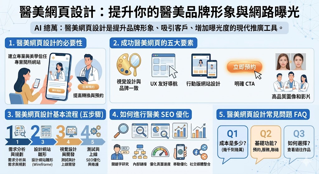 醫美網頁設計對於現代醫療美容行業至關重要，它不僅能提升品牌形象，還能增加診所的網路曝光率。通過精美的視覺設計、易於導航的界面以及完善的預約系統，醫美網站能有效吸引潛在客戶。為了提升SEO排名，醫美網頁設計還需注重關鍵字優化與行動裝置適配，從而提升診所的線上曝光率與轉換率。