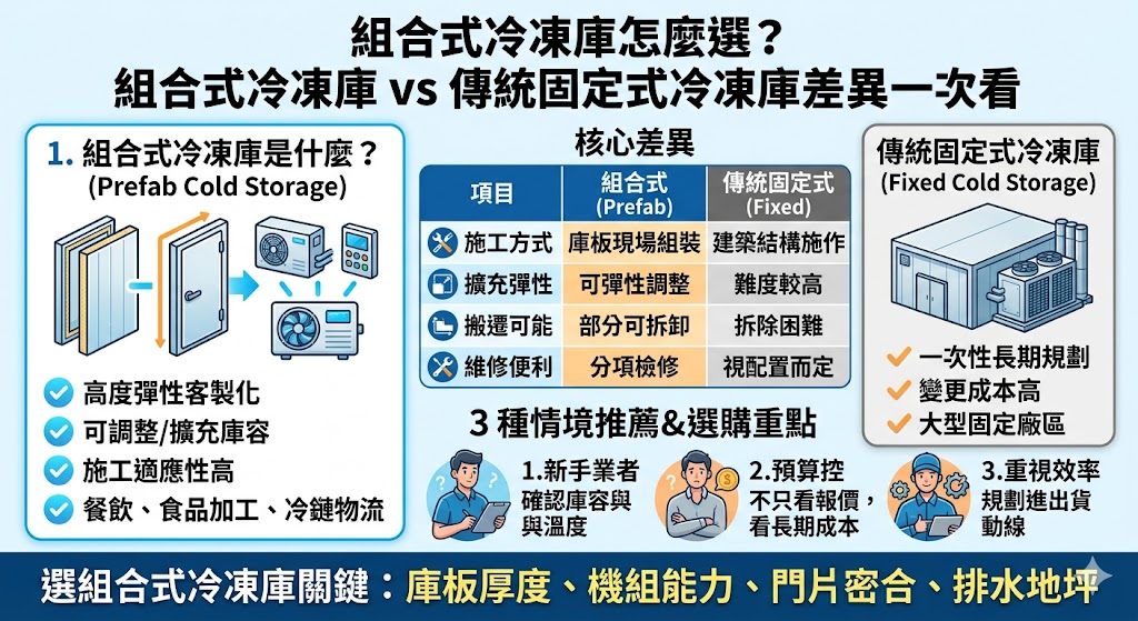 選擇組合式冷凍庫時，首要考量其靈活性與擴充性。與傳統固定式冷凍庫相比，組合式設計採用預製保溫板組裝，具備施工快速、尺寸可客製化且易於拆卸搬遷的優勢，適合空間受限或未來有擴張需求的業者。傳統固定式則多為土建工程，結構穩固但改建困難且工期長。兩者在保溫效果上表現相當，但在清潔維護與空間利用率上，組合式冷凍庫顯得更具現代化優勢。建議企業根據營業場域大小、預算配置以及長期營運規劃進行評估，才能選出效能最優化、並兼顧節能省電與溫控穩定性的儲存設備，確保食材或產品維持在最佳保鮮狀態。
